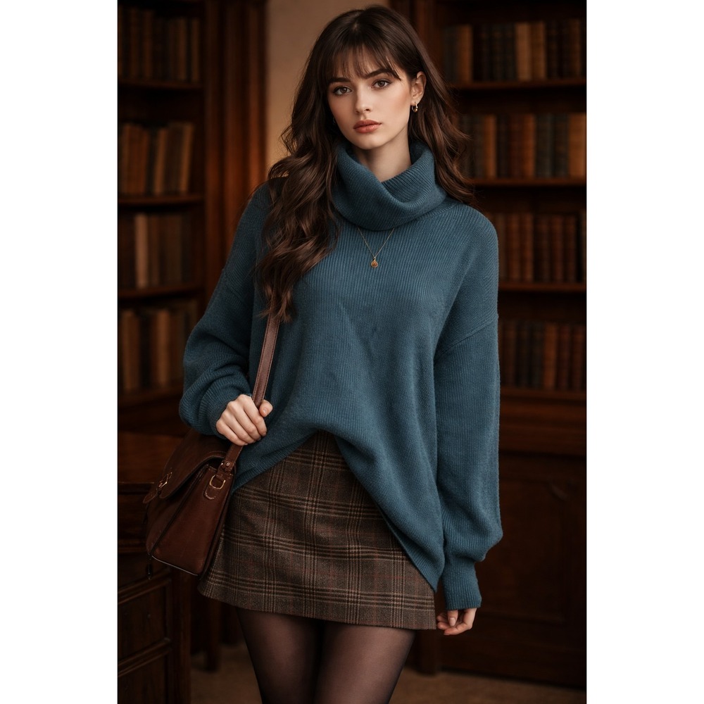 Free People Softly Structured Tunic Sweater Cowl Neck Teal Blue Oversized XS